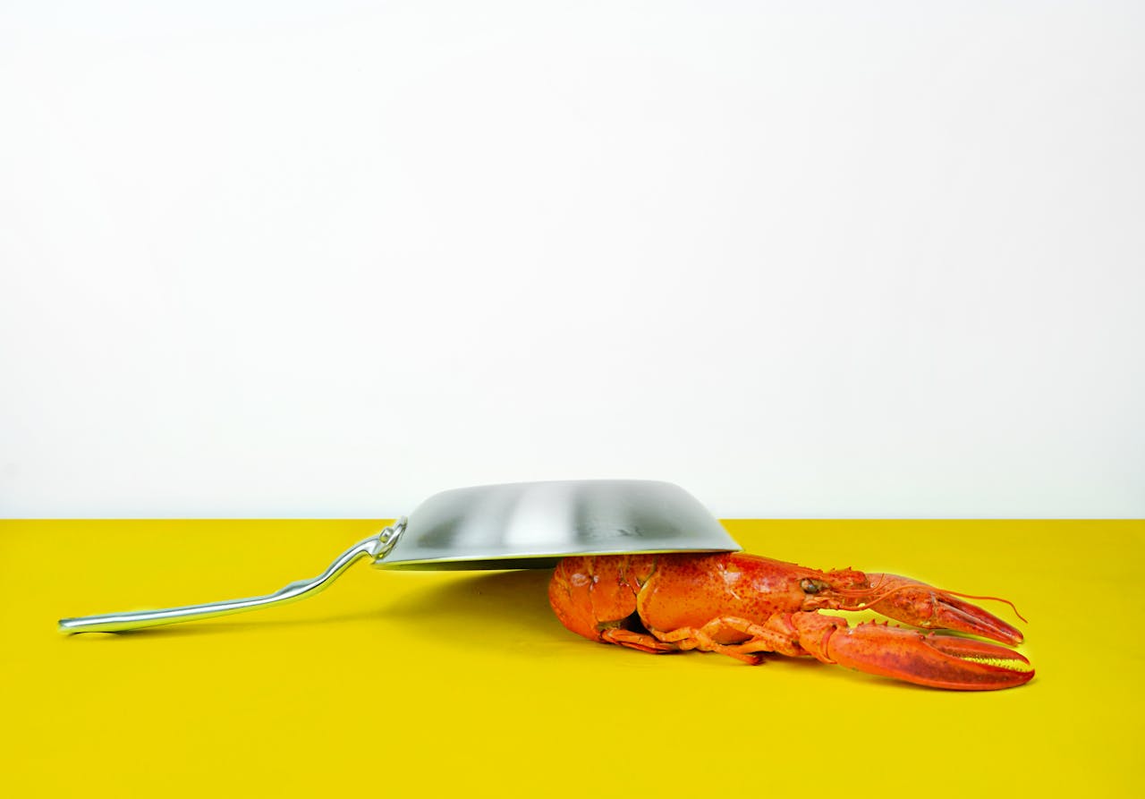 Creative still life of a lobster under a frying pan on a vibrant yellow background.